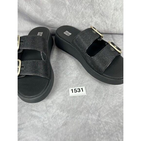 FitFlop Women's F-Mode Black Big Buckle Shimmerlux Flatform Sandals Gold US 9 - Picture 8 of 8